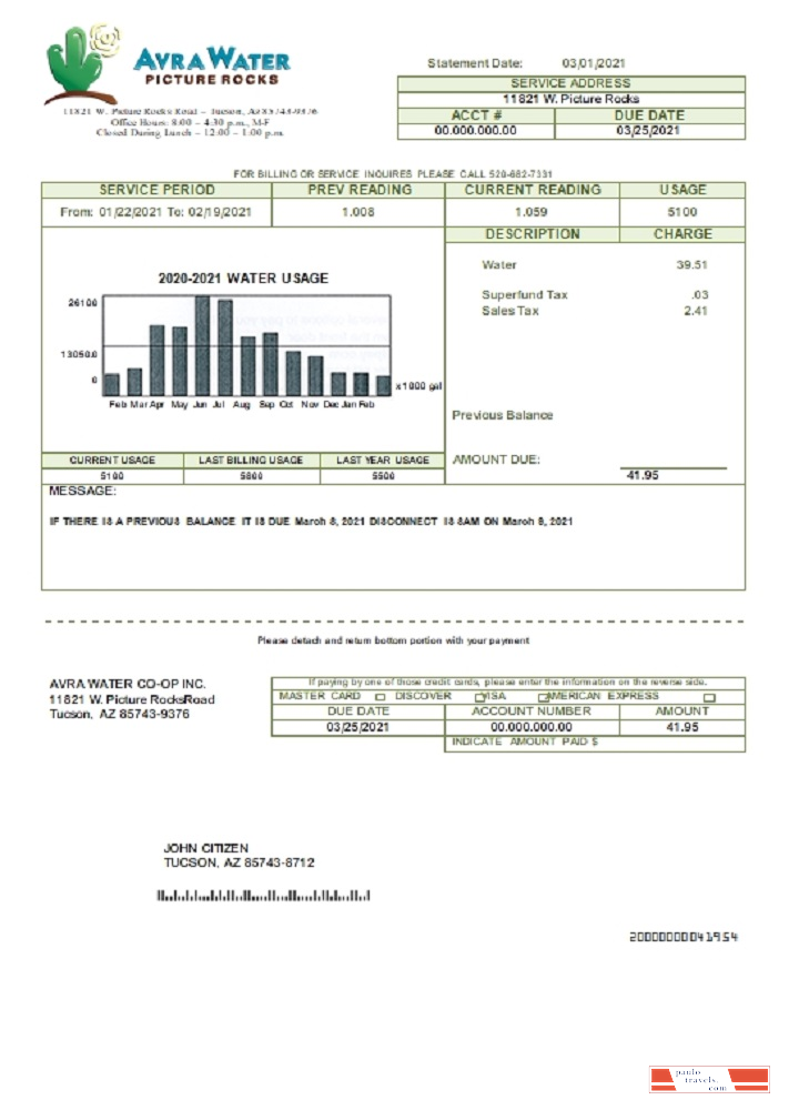 USA Arizona Avra Water utility bill template in Word and PDF format